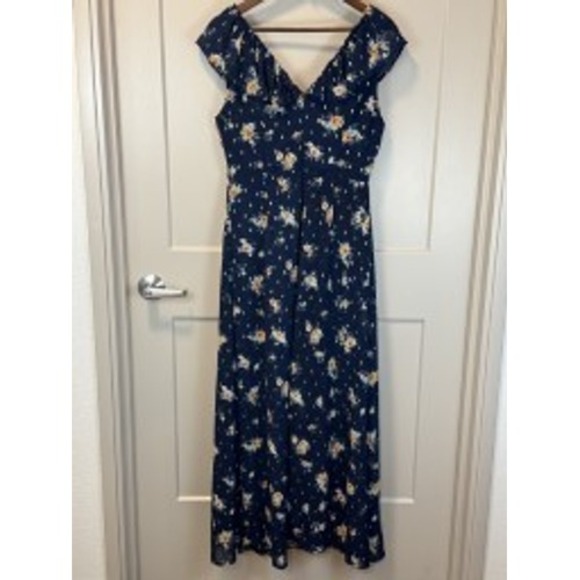 Mi Ami Francesca's Navy Blue Floral V-Neck Ruffled Maxi Dress Size Medium - Picture 7 of 9